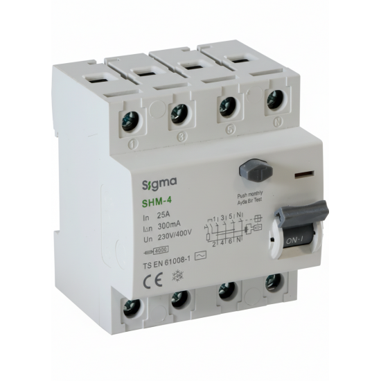Sigma 300mA Yangın Koruma Kaçak Akım Şalteri - 4P Trifaze - 10kA Sanayi Tipi - 25A / 125A Tam Seri - Çift İndikatörlü (AC Tipi)