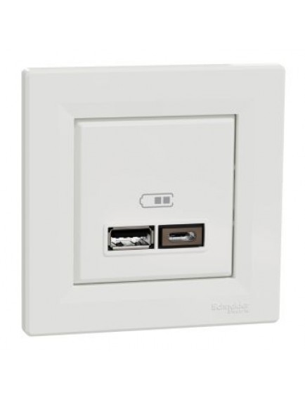 Schneider Asfora – İkili USB Priz Type A+C, 2,4A, Çerçeveli – Beyaz