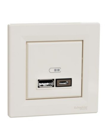 Schneider Asfora – İkili USB Priz Type A+C, 2,4A, Çerçeveli – Krem