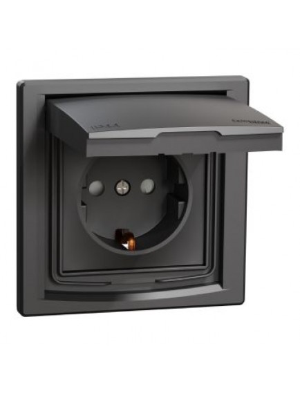 Schneider Asfora – IP44 Kapaklı Çocuk Korumalı Topraklı Priz, 16A, Çerçeveli – Antrasit