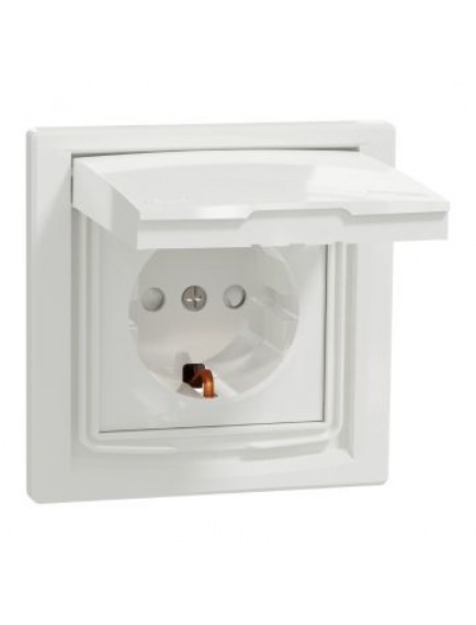 Schneider Asfora – IP44 Kapaklı ve Çocuk Korumalı Topraklı Priz, 16A, Çerçeveli – Beyaz