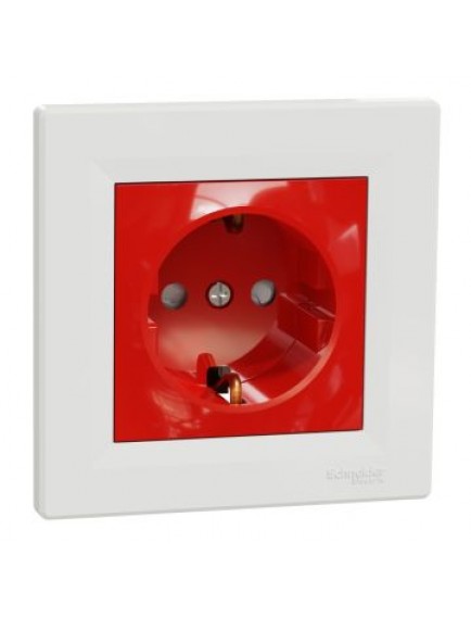 Schneider Asfora – Kırmızı Gövdeli Topraklı Priz, 16A, Çerçeveli – Beyaz