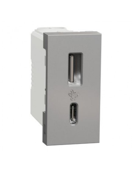 Schneider Yeni Unica, USB Şarj Prizi 1 modül Type A+C 15W, Alüminyum