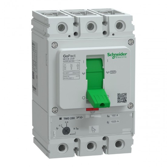 Schneider GoPact MCCB 250 Kompakt Şalter, 3 Kutuplu, 160A, 36kA (415V), Ayarlı TMD Ünitesi