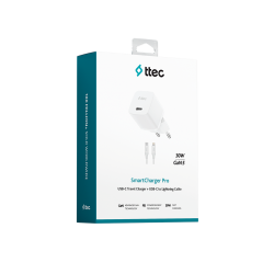 ttec SmartCharger GAN 30W PD Seyahat Hızlı Şarj Aleti + USB-C - Lightning 150cm Kablo Beyaz