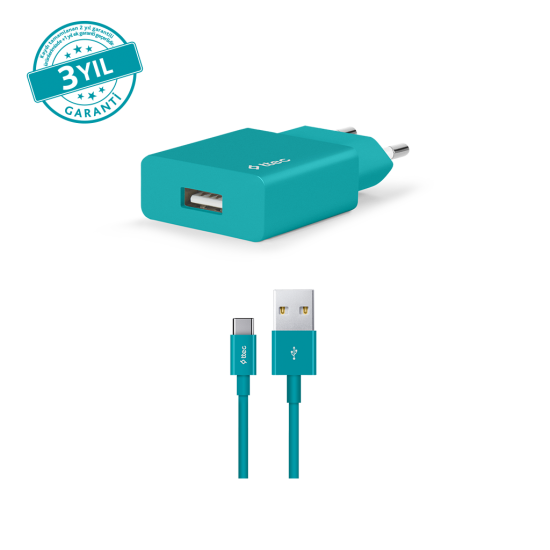 ttec SmartCharger 2.1A Seyahat Şarj Aleti + USB-A - USB-C Kablo Turkuaz