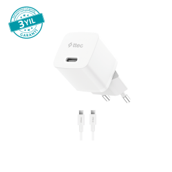 ttec SmartCharger GAN 20W PD Seyahat Hızlı Şarj Aleti + USB-C - USB-C 3A Kablo Beyaz