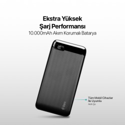 ttec PowerSlim LCD 10.000 mAh PD 20W Taşınabilir Şarj Aleti / Powerbank USB-C Giriş/Çıkış Siyah