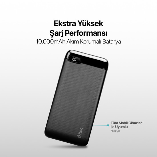 ttec PowerSlim LCD 10.000 mAh PD 20W Taşınabilir Şarj Aleti / Powerbank USB-C Giriş/Çıkış Siyah