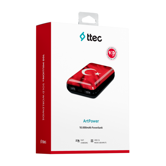 ttec ArtPower Türk Bayrağı 10.000 mAh Taşınabilir Şarj Aleti / Powerbank Siyah