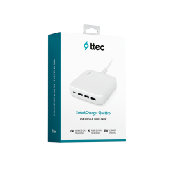ttec SmartCharger Quattro GaN 65W PD Seyahat Hızlı Şarj Aleti USB-C + 3 USB-A Beyaz