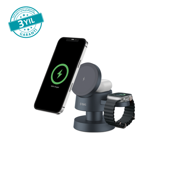 ttec AirCharger Quattro Mini MagSafe Uyumlu 4’ü 1 Arada iPhone + Apple Watch + AirPods LED Aydınlatmalı Kablosuz Katlanabilir Şarj Standı - 2KS36S