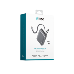ttec ReCharger Pro LCD 10.000mAh PD 20W USB-C Makaralı Kablolu Taşınabilir Hızlı Şarj Aleti / Powerbank – 2BB275