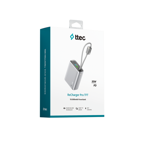 ttec ReCharger Pro TFT 10.000mAh PD 35W USB-C ve Lightning Dahili Kablolu Taşınabilir Hızlı Şarj Aleti / Powerbank – 2BB279