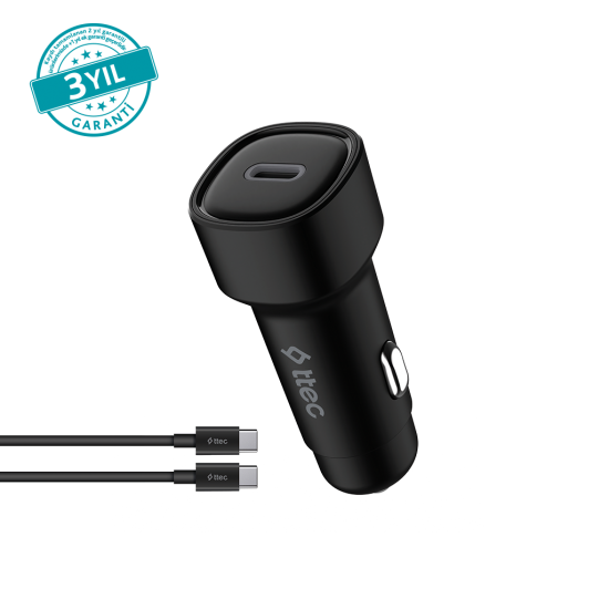 ttec SmartCharger PD 30W Araç Hızlı Şarj Aleti USB-C - USB-C 3A Kablo Siyah