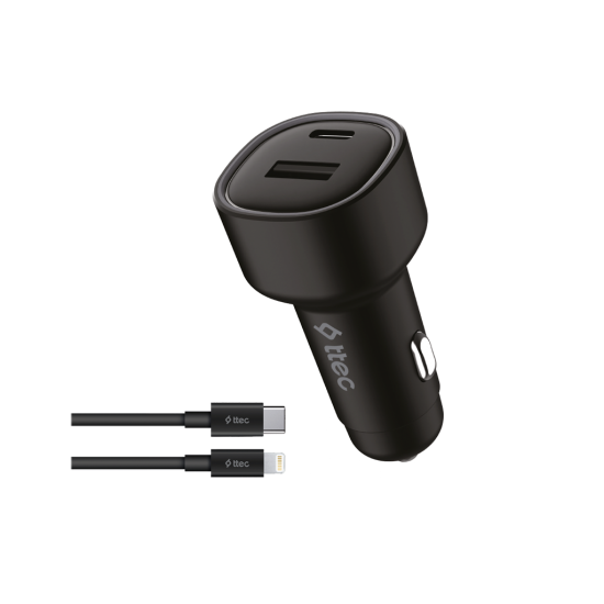 ttec SmartCharger Duo PD 48W Araç Hızlı Şarj Aleti USB-C+USB-A - USB-C-Lightning  Kablo Siyah