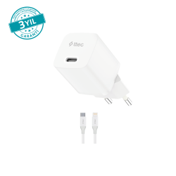 ttec SmartCharger GAN 30W PD Seyahat Hızlı Şarj Aleti + USB-C - Lightning 150cm Kablo 2SCG30LB Beyaz