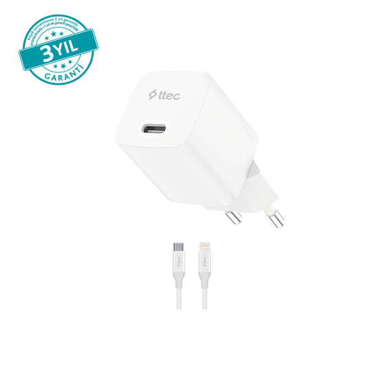 ttec SmartCharger GAN 30W PD Seyahat Hızlı Şarj Aleti + USB-C - Lightning 150cm Kablo 2SCG30LB Beyaz