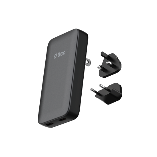 ttec SmartCharger Trio GaN 65W PD Avrupa-İngiltere-Amerika Uluslararası İnce Tasarımlı Seyahat Şarj Kiti Siyah