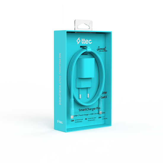 ttec SmartCharger GAN 20W PD Seyahat Hızlı Şarj Aleti + USB-C - USB-C 3A Kablo Neon Neon Mavi