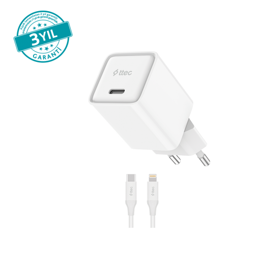 ttec SmartCharger 20W PD GAN Seyahat Hızlı Şarj Aleti + USB-C - Lightning 150cm Kablo