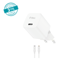 ttec SmartCharger GAN 20W PD Seyahat Hızlı Şarj Aleti + USB-C - Lightning 150cm Kablo Beyaz