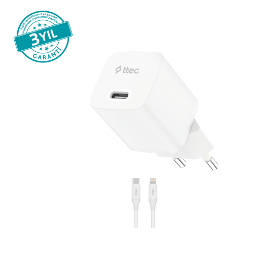 ttec SmartCharger GAN 20W PD Seyahat Hızlı Şarj Aleti + USB-C - Lightning 150cm Kablo Beyaz