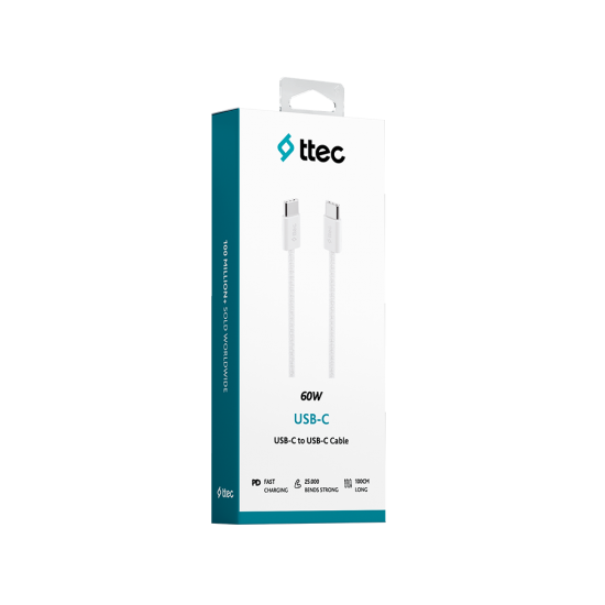 ttec USB-C - USB-C 100cm 60W PD Örgü Hızlı Şarj/Data Kablosu Beyaz