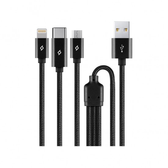 ttec AlumiCable Trio Şarj Kablosu 1mt. USB-A - USB-C / Lightning / Micro USB Siyah