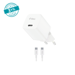 ttec SmartCharger GAN 20W PD Seyahat Hızlı Şarj Aleti + USB-C - USB-C 60W  Kablo Beyaz