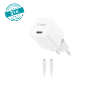 ttec SmartCharger GAN 20W PD Seyahat Hızlı Şarj Aleti + USB-C - Lightning 150cm Kablo. Beyaz