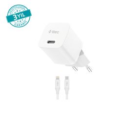 ttec SmartCharger GAN 20W PD Seyahat Hızlı Şarj Aleti + USB-C - Lightning 150cm Kablo. Beyaz