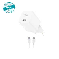 ttec SmartCharger GAN 30W PD Seyahat Hızlı Şarj Aleti + USB-C - USB-C 3A Kablo 2SCG30CB Beyaz