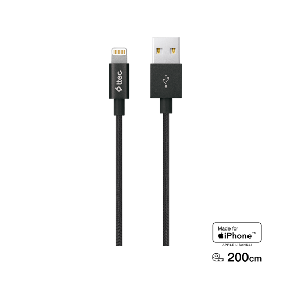 ttec AlumiCable XL MFi USB-A - Lightning Şarj Kablosu 2mt. Siyah