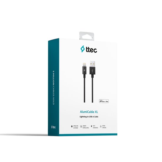ttec AlumiCable XL MFi USB-A - Lightning Şarj Kablosu 2mt. Siyah