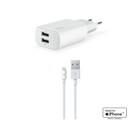 ttec Quantum Duo Apple MFi Lisanslı 1A+2.4A Seyahat Şarj Aleti  + Lightning Kablo Beyaz