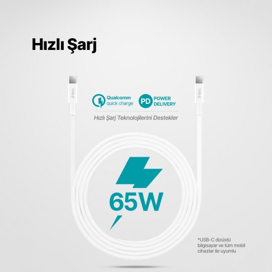 ttec USB-C - USB-C 200cm 60W PD/QC Hızlı Şarj/Data Kablosu Beyaz Beyaz