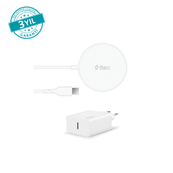 ttec AirCharger M+ MagSafe Uyumlu Kablosuz Şarj Aleti ve PD 20W Seyahat Şarj Aleti Beyaz