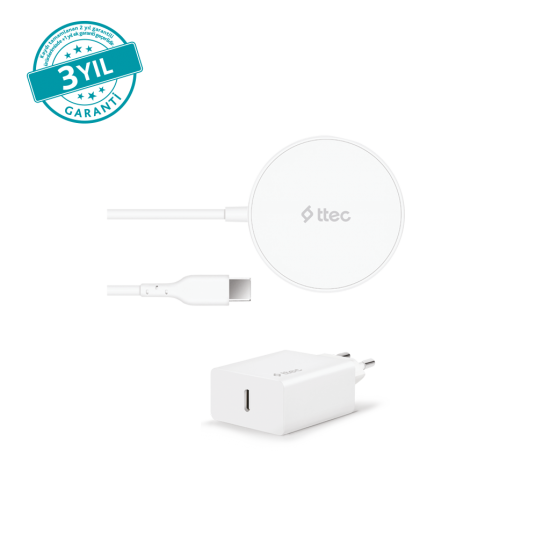 ttec AirCharger M+ MagSafe Uyumlu Kablosuz Şarj Aleti ve PD 20W Seyahat Şarj Aleti Beyaz