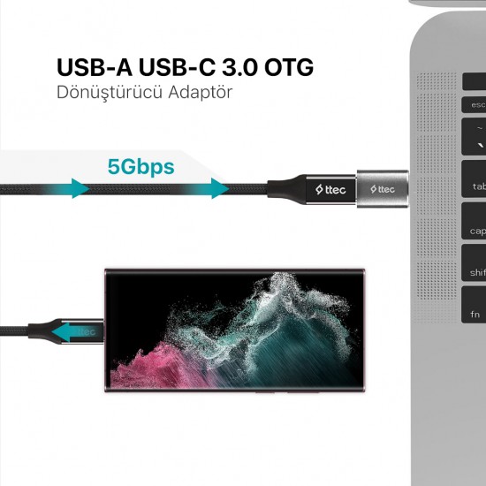 ttec USB-A 3.0 – Type-C OTG Dönüştürücü Adaptör Uzay Grisi