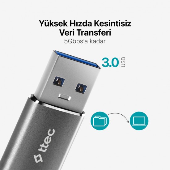 ttec USB-A 3.0 – Type-C OTG Dönüştürücü Adaptör Uzay Grisi
