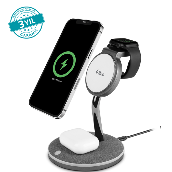 ttec AirCharger Trio M MagSafe Uyumlu 3’ü 1 Arada iPhone + Apple Watch + AirPods Kablosuz Şarj Standı