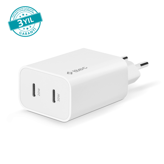 ttec SmartCharger Duo Pro GaN 50W PD Seyahat Hızlı Şarj Aleti USB-C + USB-C Beyaz