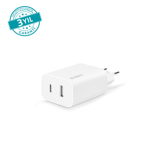 ttec SmartCharger Duo PD 32W Seyahat Hızlı Şarj Aleti USB-C + USB-A Beyaz