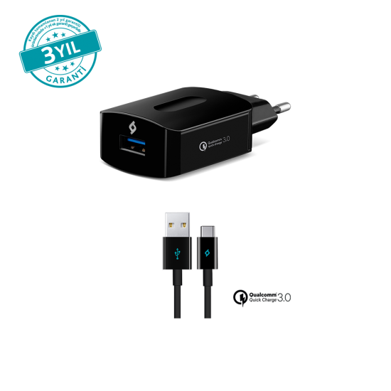 ttec SpeedCharger QC 3.0 Seyahat Şarj Aleti + USB-C Kablo Siyah