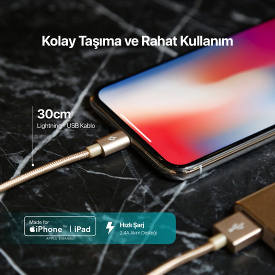 ttec AlumiCable Mini 30cm MFi USB-A - Lightning Şarj Kablosu Uzay Grisi