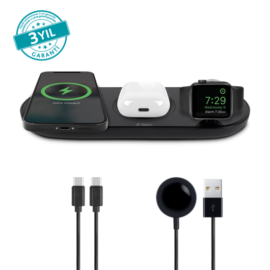 ttec AirCharger Trio 3’ü 1 Arada iPhone + Apple Watch + AirPods Kablosuz Hızlı Şarj Aleti Siyah
