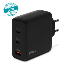 ttec SmartCharger Trio GAN 120W PD Seyahat Hızlı Şarj Aleti 2 USB-C+USB-A Siyah