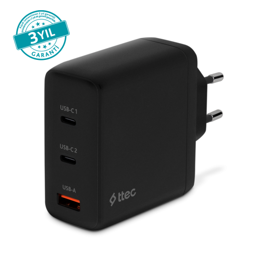 ttec SmartCharger Trio GAN 120W PD Seyahat Hızlı Şarj Aleti 2 USB-C+USB-A Siyah