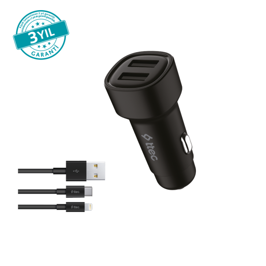 ttec SmartCharger Duo 3.1A Araç Şarj Aleti Çift USB  + USB-C ve Lightning Kablo